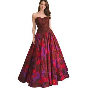 Patricia Rhodes Vintage Strapless Silk Taffeta Gown Ruched Floral Ball Gown  10
